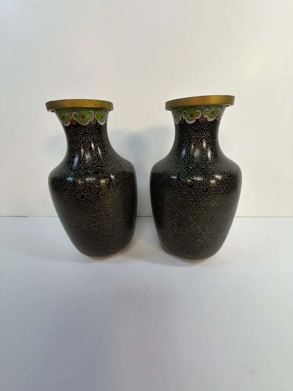Vintage‎ Pair of Chinese Cloisonné Floral Vases Black Enamel